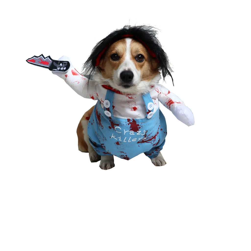 Halloween Bloody Doll pet costume for dogs and cats, polyester pet clothing in sizes S, M, L, and XL
