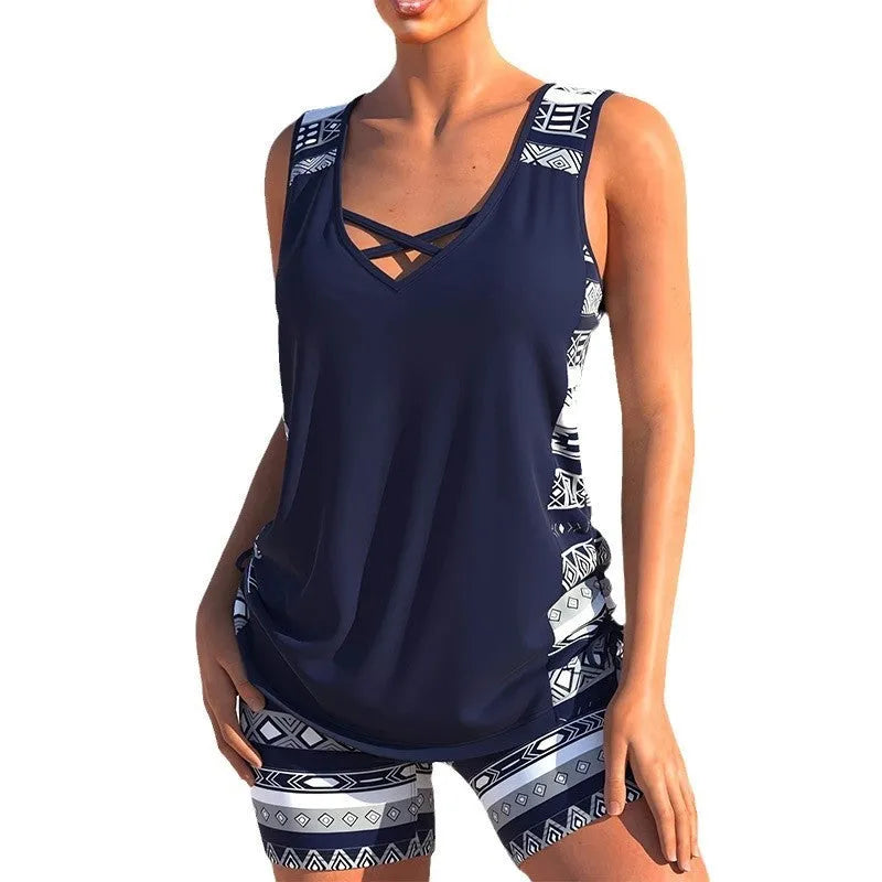 Women's sports hollow conservative split swimsuit in polyester, sleeveless, available in multiple sizes