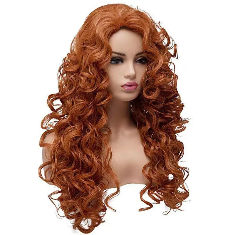 Brown long wavy curly synthetic wig for cosplay on a wig head.