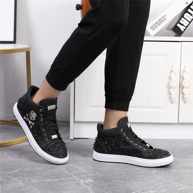 Men's black genuine leather high top skeleton shoes with lace-up closure and round toe