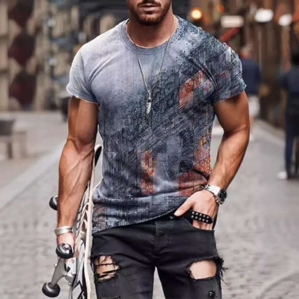 Men's camouflage print short-sleeved t-shirt in milk silk polyester, loose fit pullover style