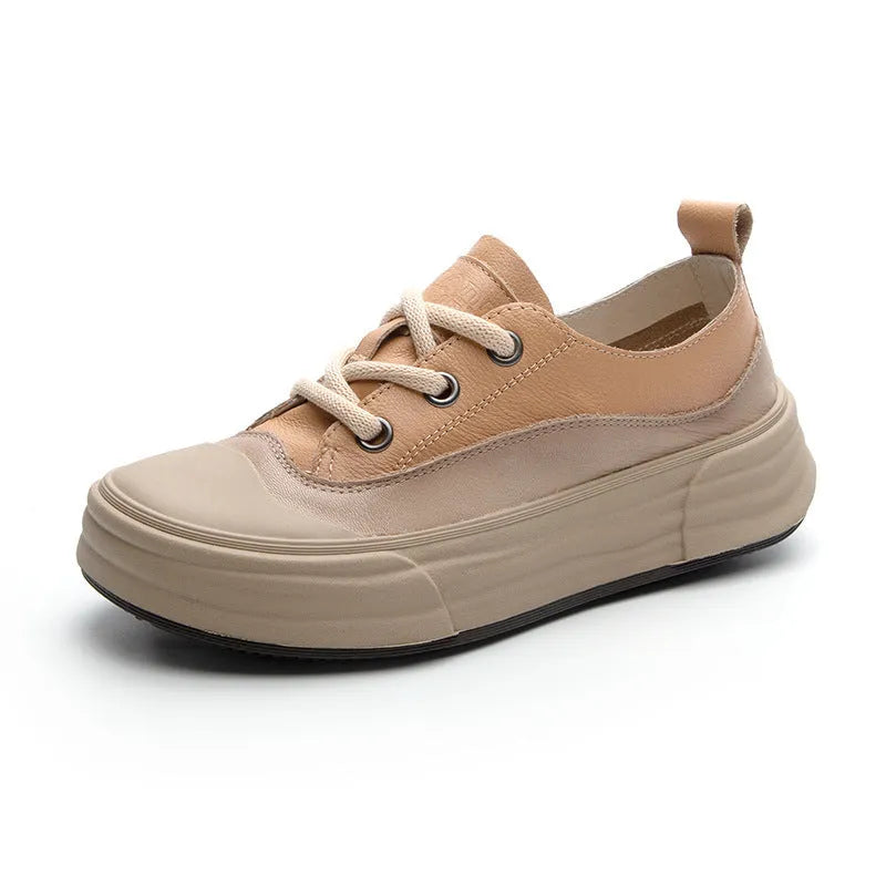 Women's round toe leather casual platform sneakers in matcha green, front lace-up design