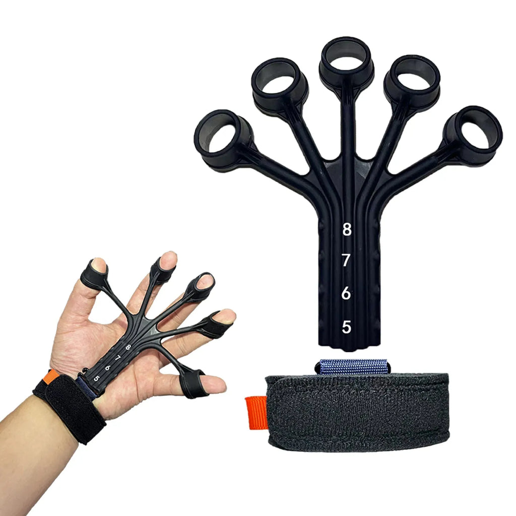 Black and grey silicone finger trainer with adjusting belt for rehabilitation and abdominal exercises.