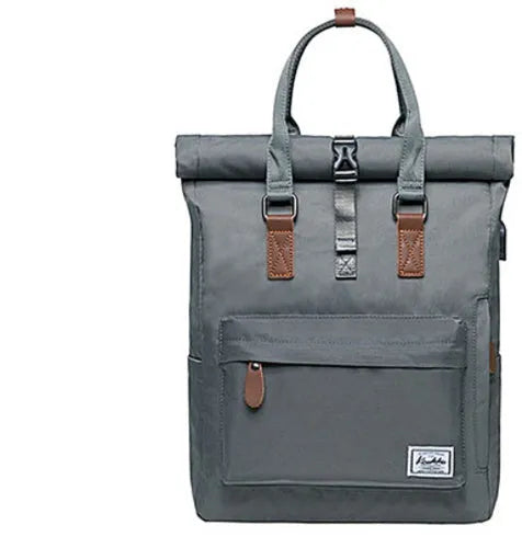 Men's casual polyester backpack in dark grey showing front view and open compartment with laptop pocket.