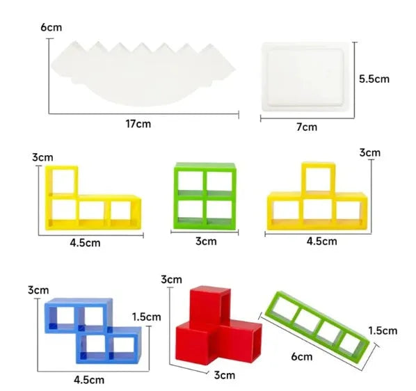 Balance stacking board game with plastic building blocks, chassis, and base for family play