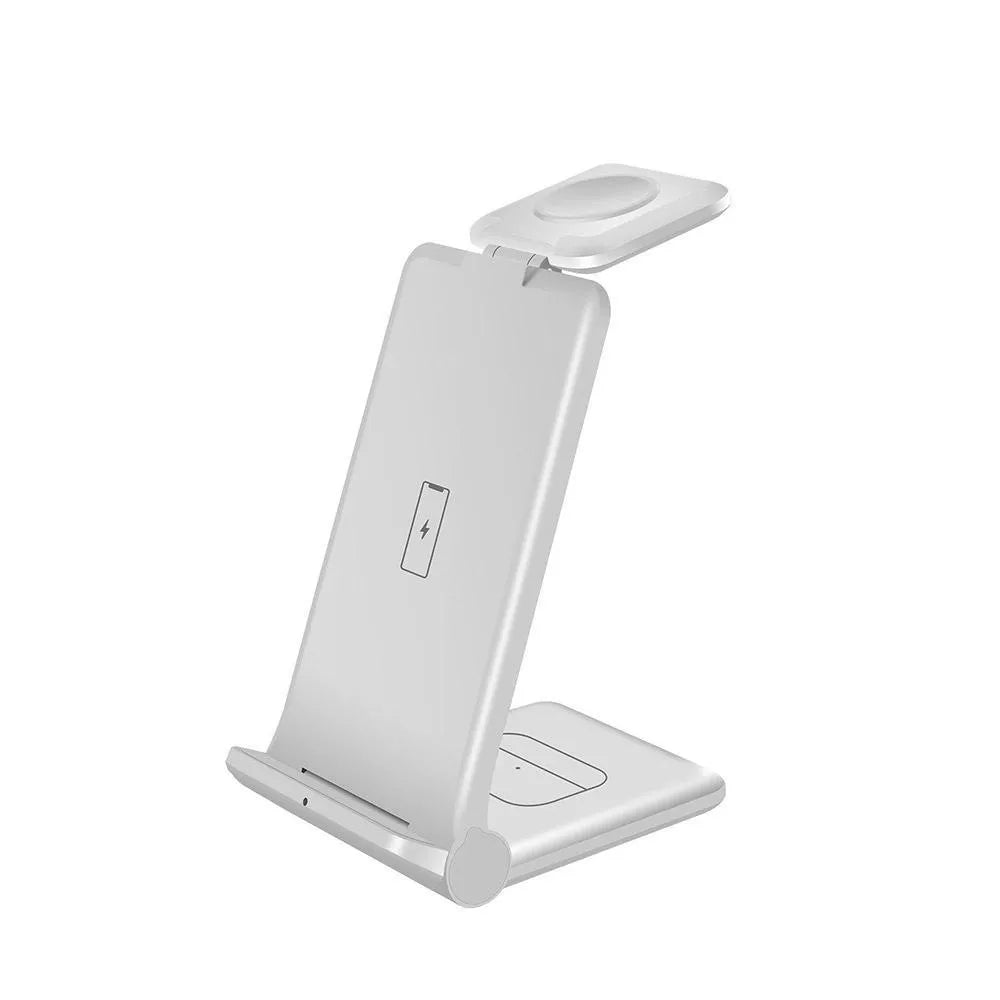 Black or white foldable 3-in-1 wireless charging station for phone, Apple Watch and AirPods