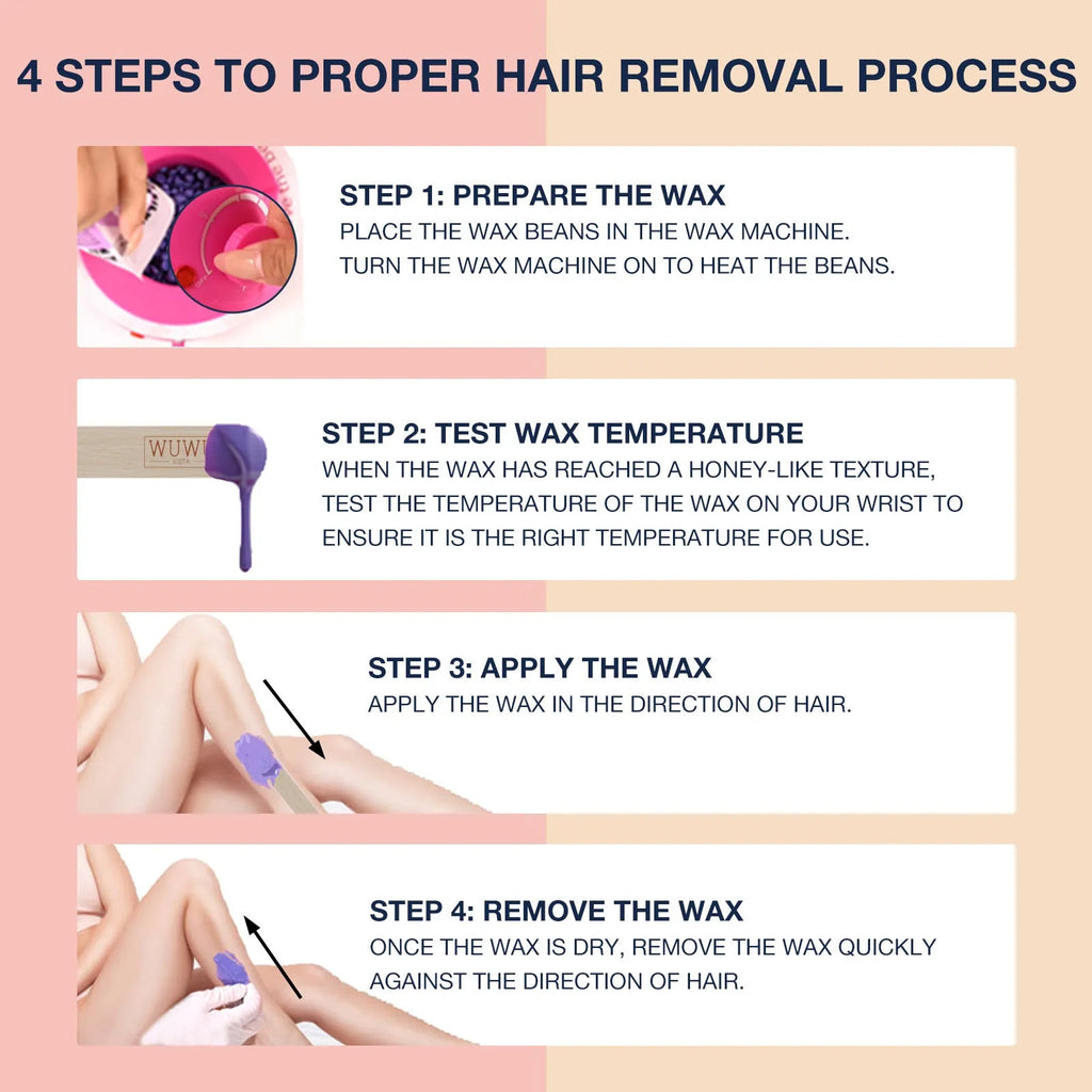 27-piece hair removal wax kit showing four coloured wax beads, wax warmer machine, and applicator sticks