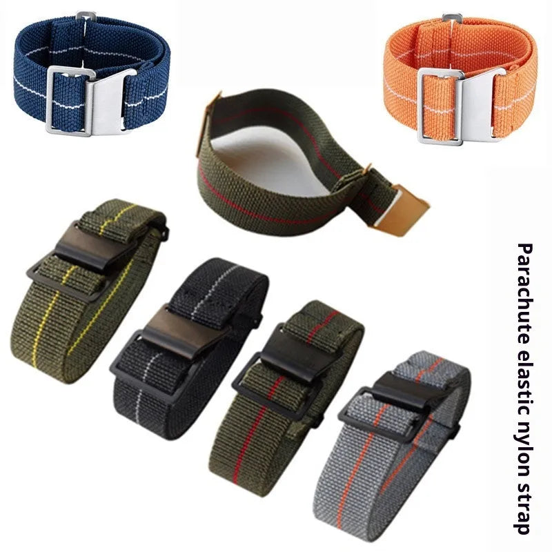 Nylon parachute elastic watchband in multiple colours with metal buckle on white background