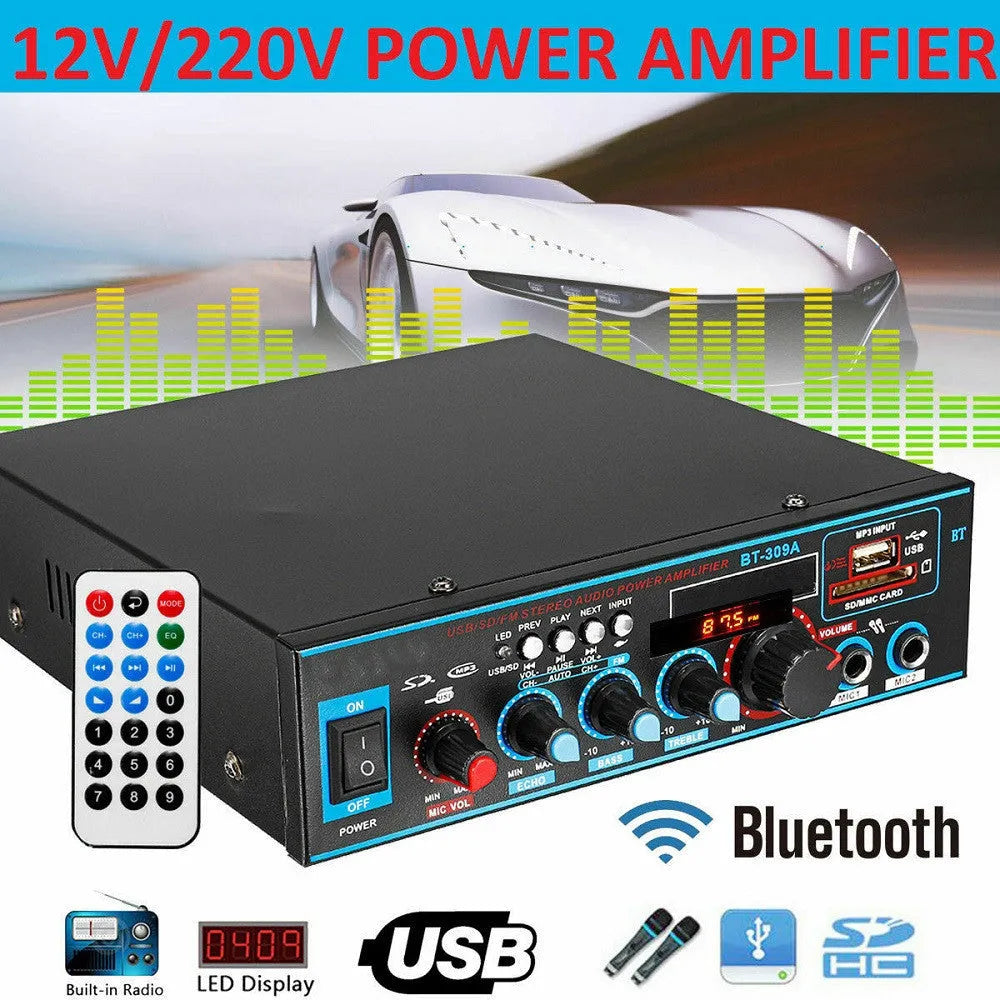 Black BT-309A-A dual-purpose Bluetooth power amplifier with remote control for home and car audio.