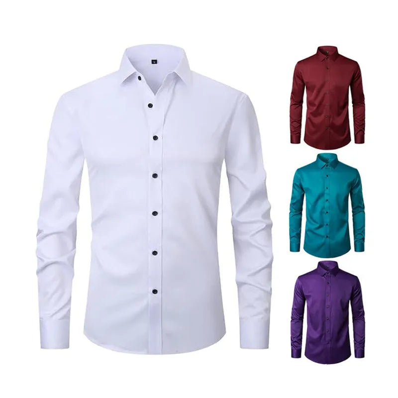 Man wearing a stretch long sleeve polyester work shirt in a solid colour, showing the fit and long sleeve design.