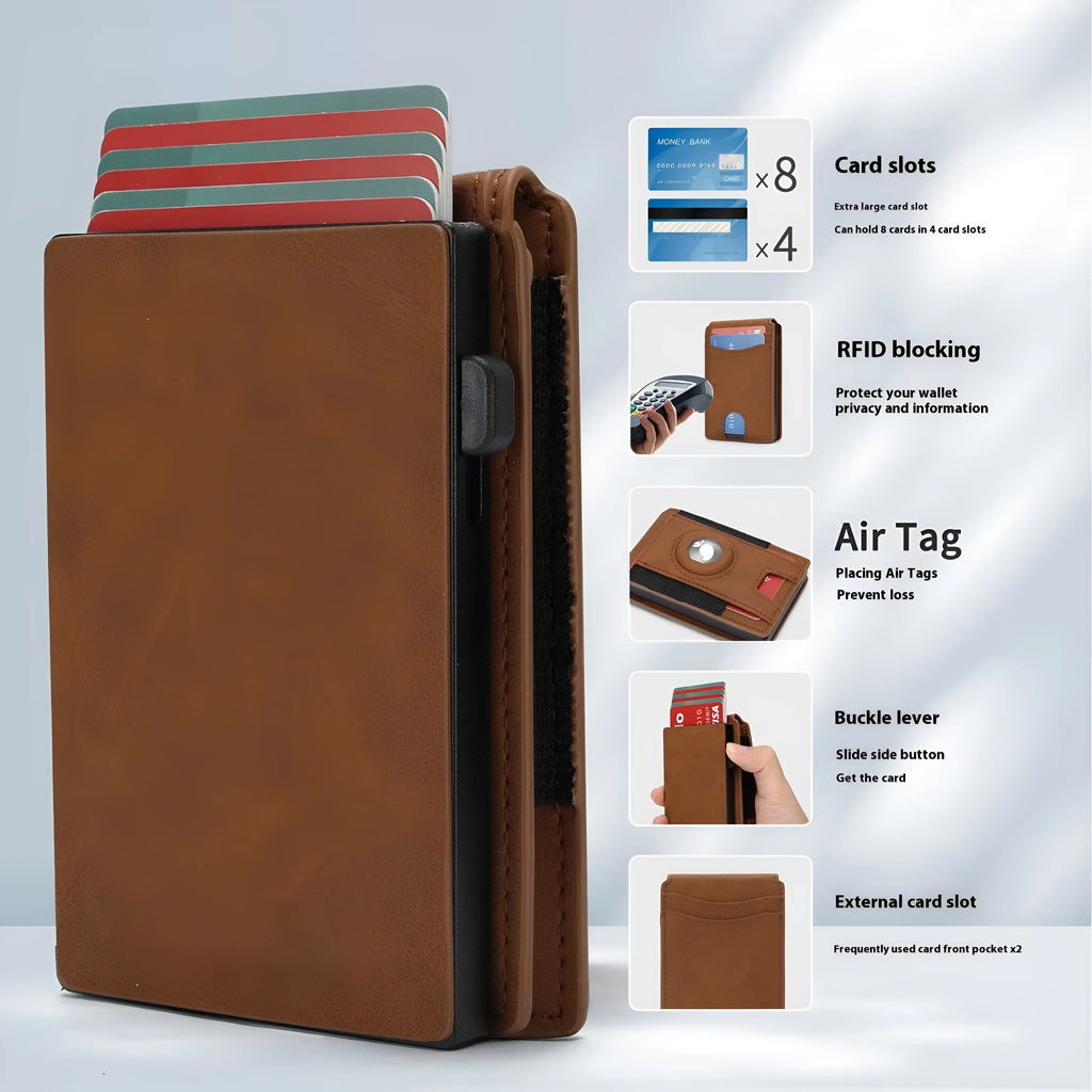 Men's slim synthetic leather card holder wallet in light brown, dark brown, and black colour options.