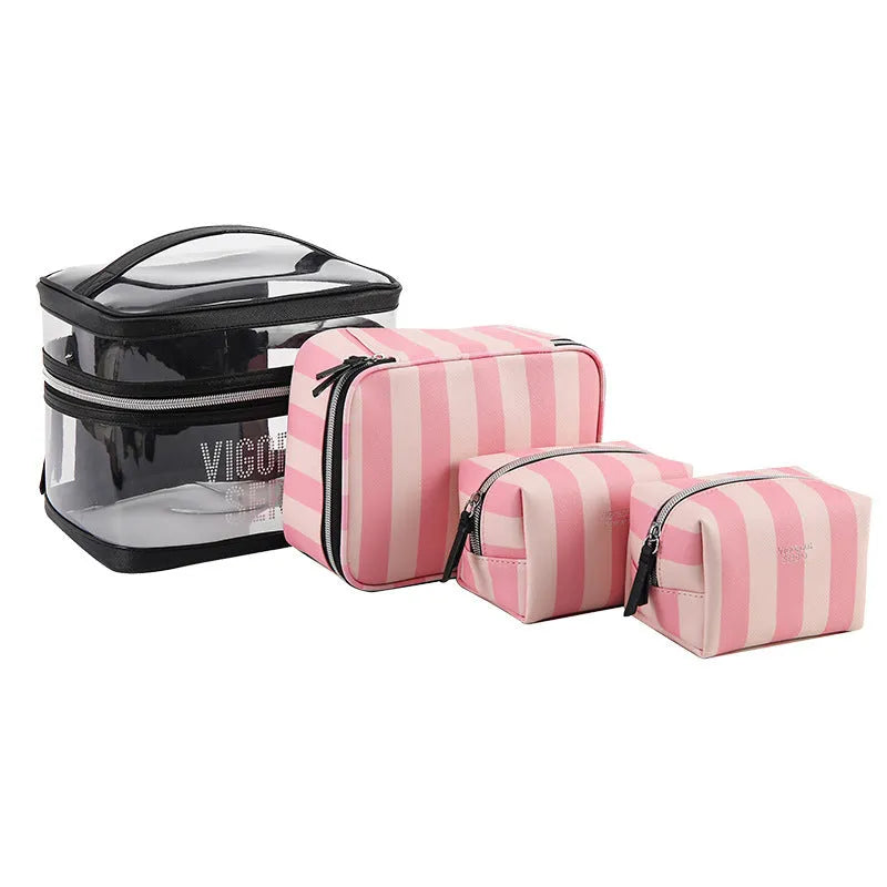 Pink floral striped waterproof synthetic leather makeup buggy bag with folding design.