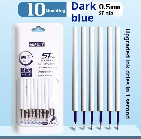 Pack of 10 quick-dry ballpoint pen refills in black, blue, ink blue, and red ink colours.