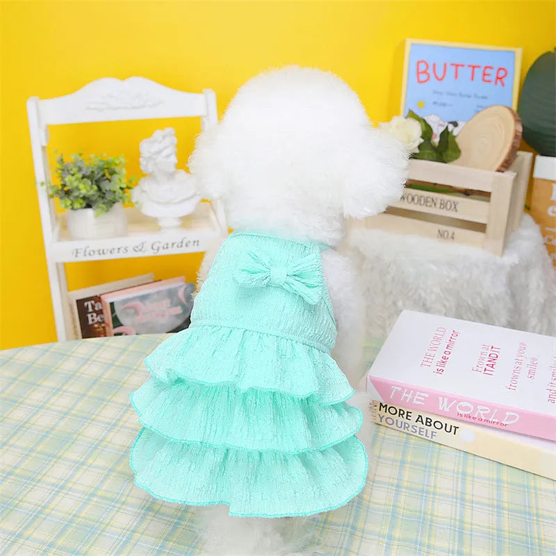 Small dog wearing princess dress with layered candy skirt in choice of rose red, yellow or green colours