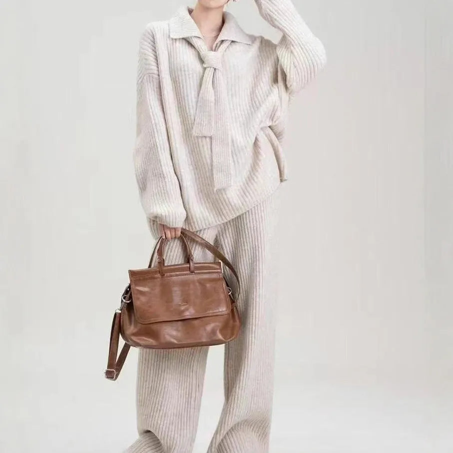 Women's imitation cashmere sweater suit two-piece set with knit top and trousers
