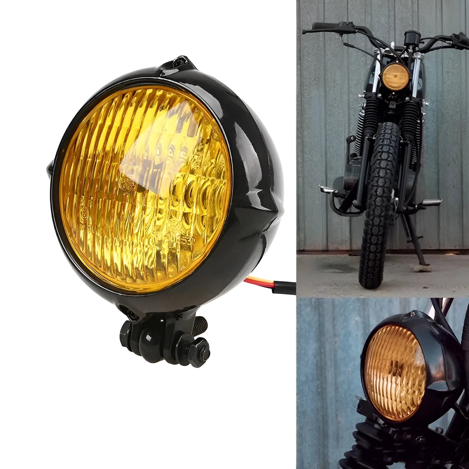 Harley retro motorcycle headlights with electroplated black aluminium housing and yellow halogen bulbs