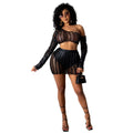 Women's black hollow-out net top and skirt two-piece set for elegant commute wear.