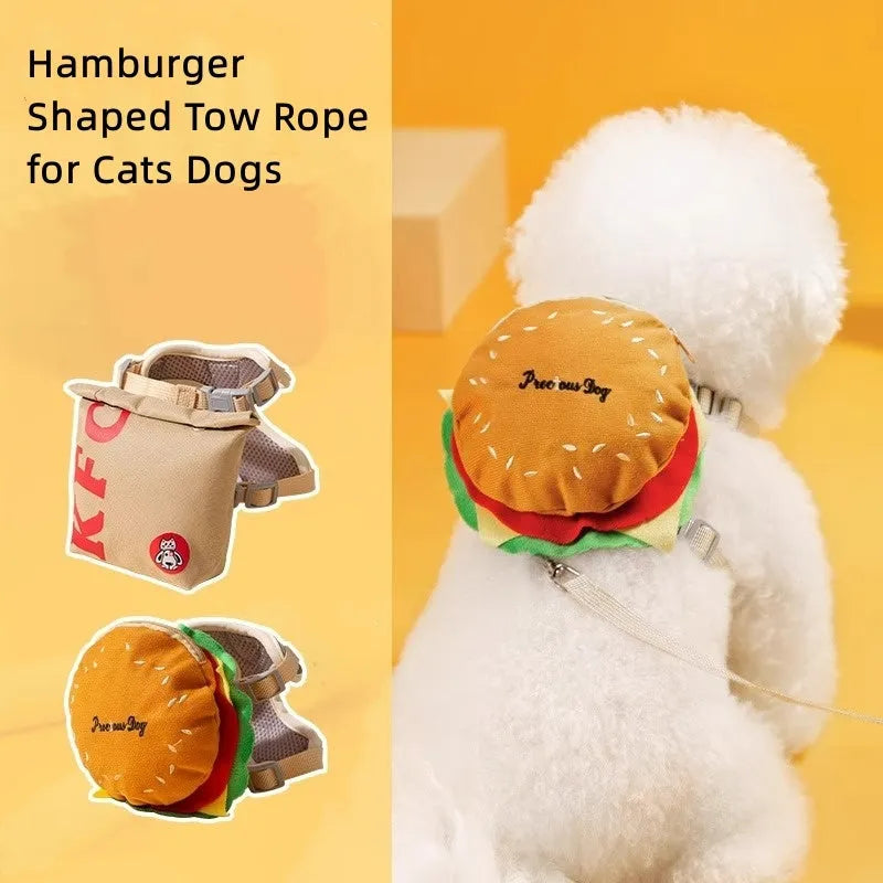 Cartoon hamburger print adjustable vest harness with backpack and leash for dogs or cats