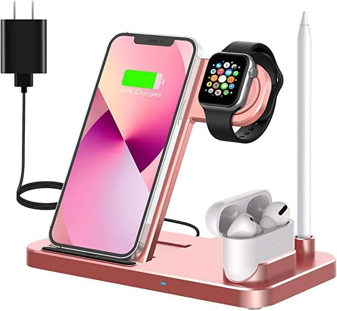 Black folding 4-in-1 wireless charger standing vertically, charging an iPhone and an Apple Pencil.