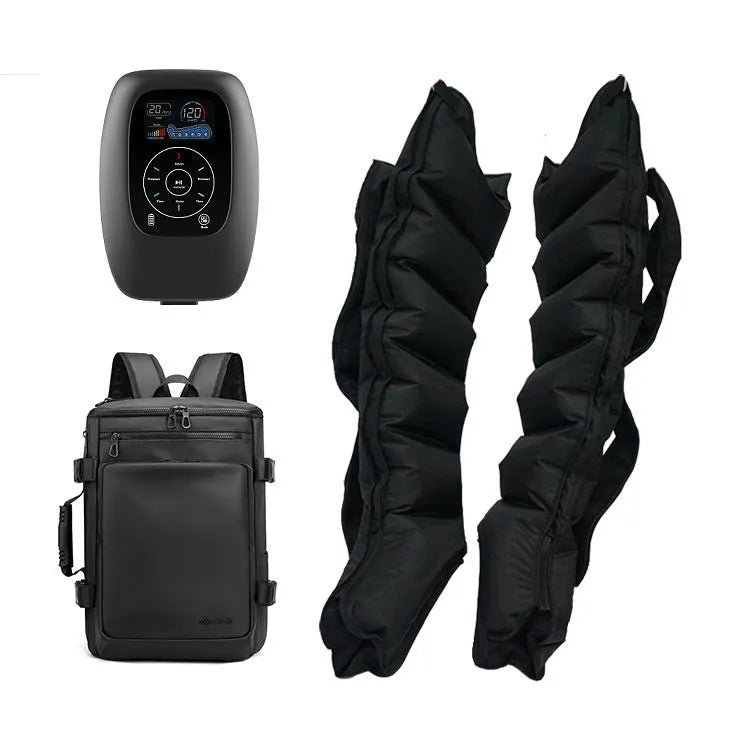Air compression massage suit with remote control showing leg sleeves in sizes L XL XXL