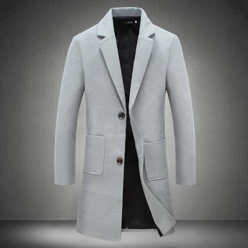 Men's mid-length slim woolen coat with single-breasted placket, lapel collar and patch pockets in black, grey or khaki