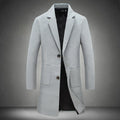 Men's mid-length slim woolen coat with single-breasted placket, lapel collar and patch pockets in black, grey or khaki