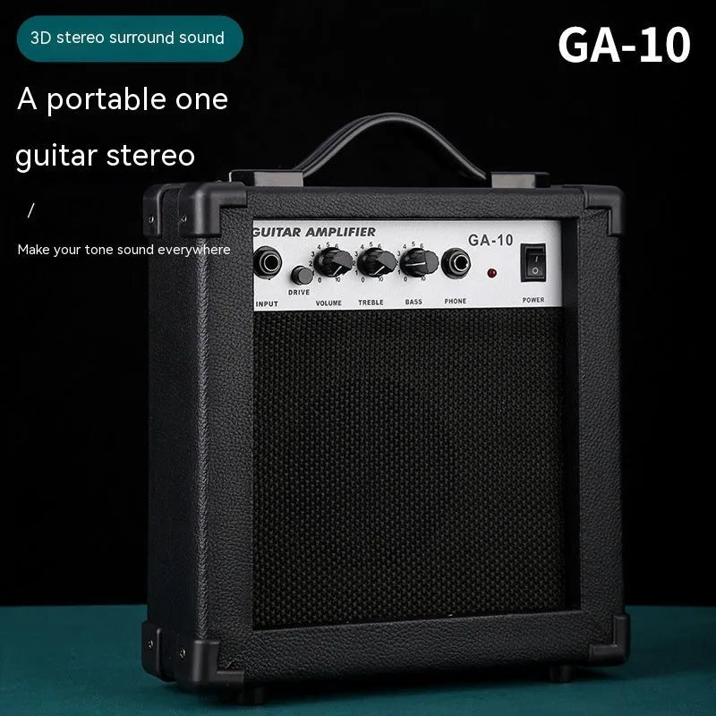 GA-10 portable guitar amplifier with 10W output, metal plastic finish, 25x8x26cm size