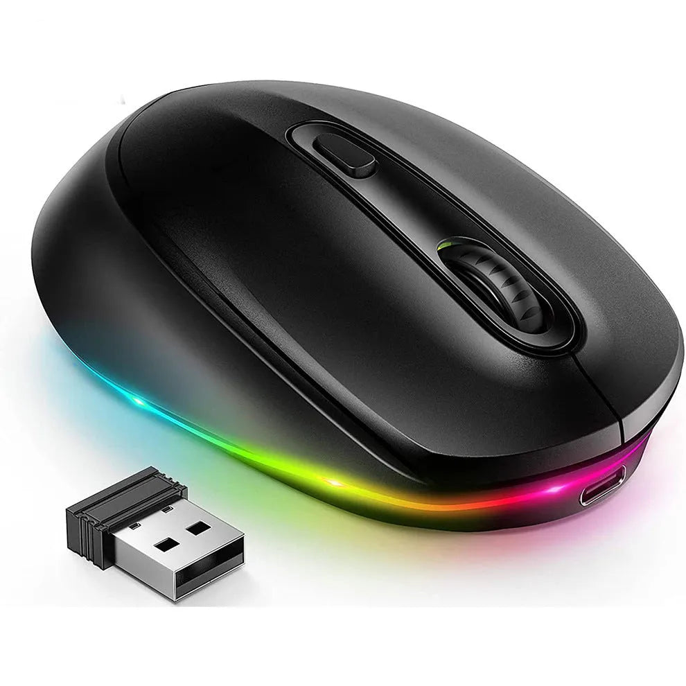 Lightweight 24g wireless mouse with USB charging cable in multiple colour options on a desk.