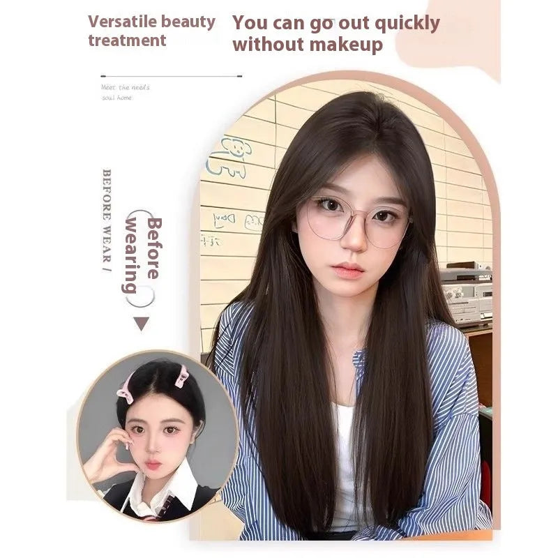 Forehead lace front wig with mid-length natural black straight hairstyle and styling accessories