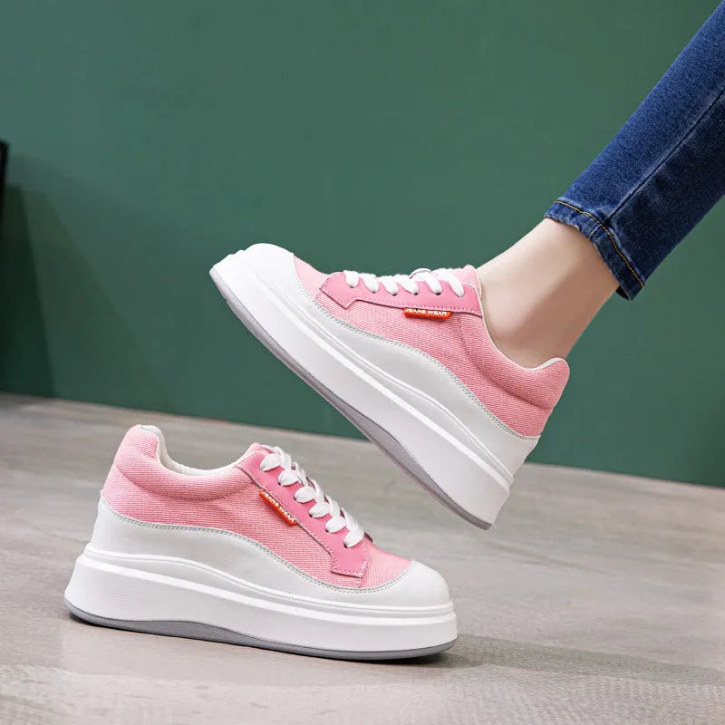 Women's thick-soled leather board shoes in beige and pink colours with cowhide upper