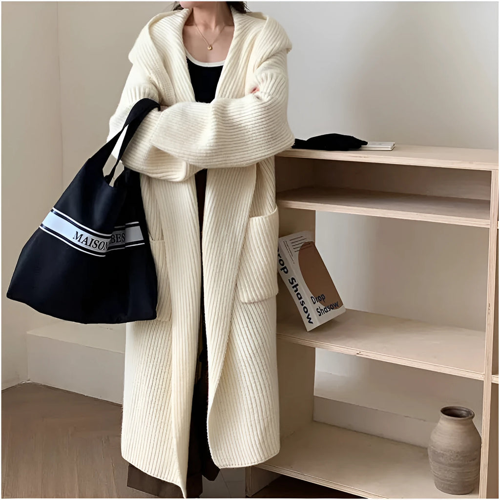Women's loose hooded cardigan coat in acrylic knit fabric with 80cm length