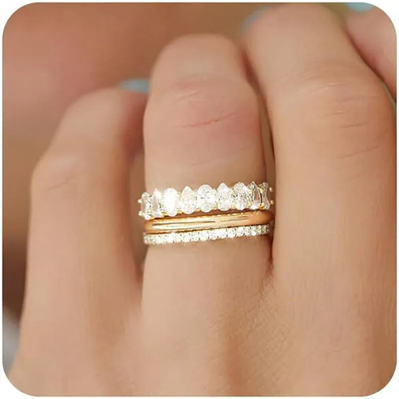 Geometric copper ring three-piece set with zircon inlay white gold colour on display