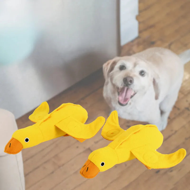 Yellow plush teddy dog toy with squeaker duck sound and treat holes