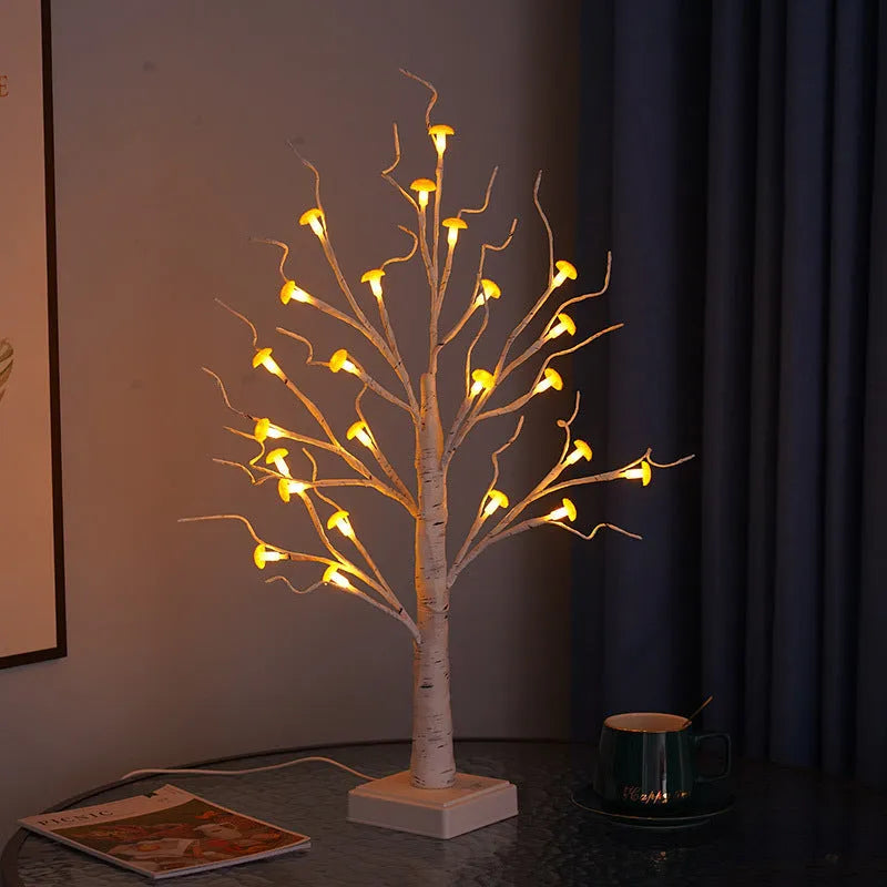 60cm tall mushroom tree LED lamp with birch design and 24 detachable flowers showing warm white illumination