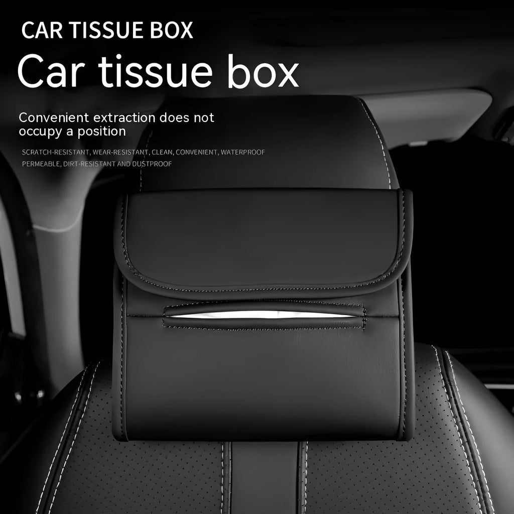Leather car tissue box holder with elastic strap mounted on vehicle sun visor