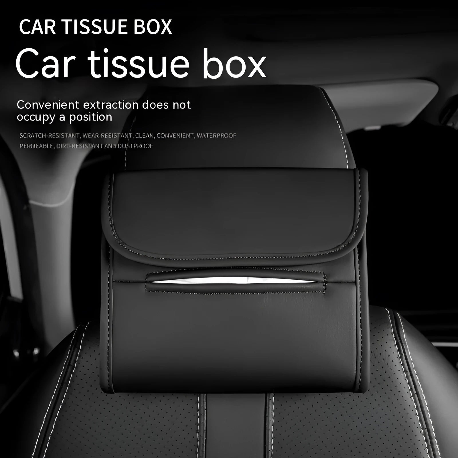 Leather car tissue box holder with elastic strap mounted on vehicle sun visor