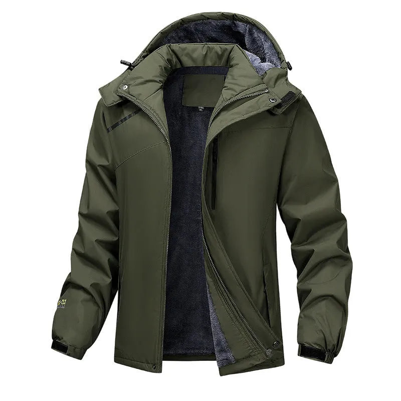 Men's plus size waterproof winter coat in Army Green with hooded design and loose fit