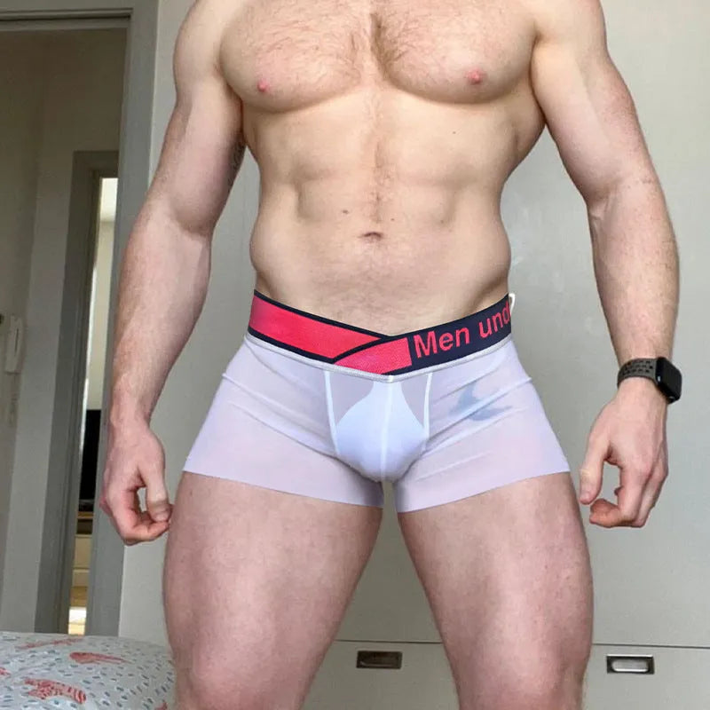 Men's black low waist underwear with a red and white gradient laser pattern, seamless design.