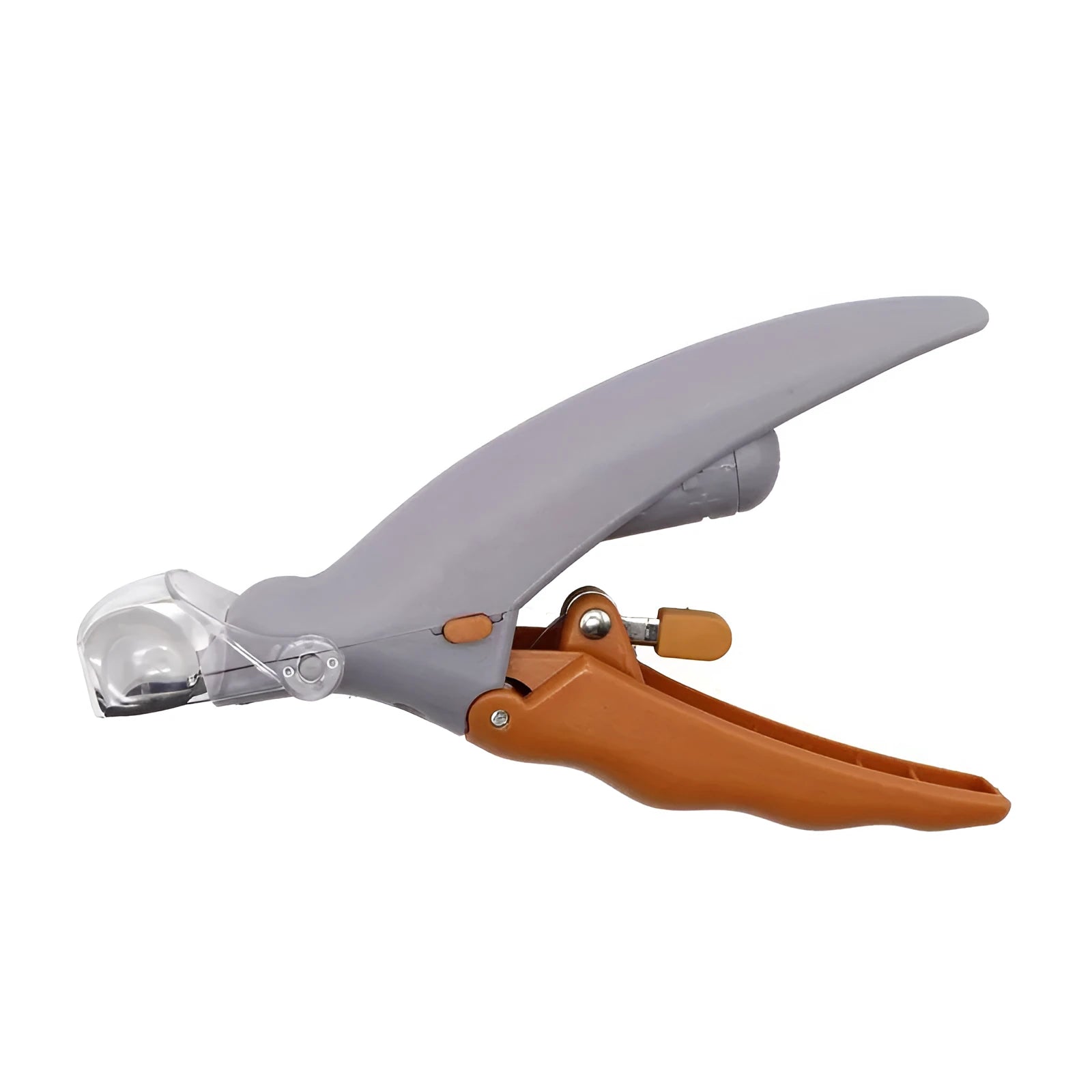 Yellow LED pet nail trimmer with magnifying glass and light on, for trimming cat and dog claws.