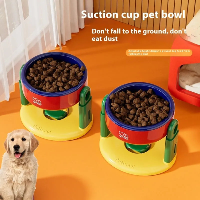 Suction cup cat bowl with adjustable lifting in pink on tile floor
