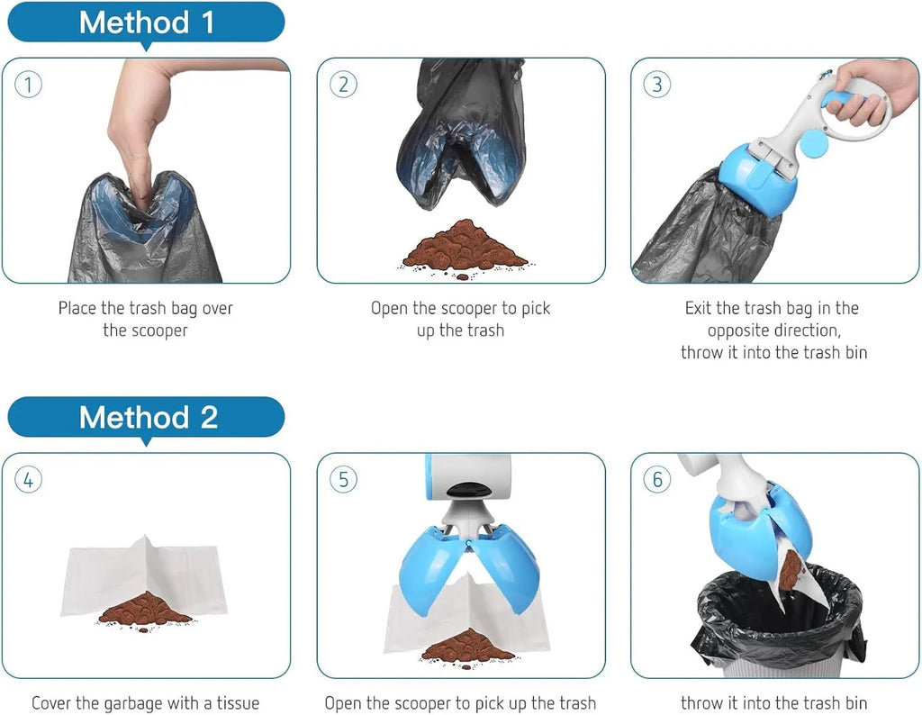 Blue ABS plastic pet pooper scooper with integrated trash bag holder and top carry hook.