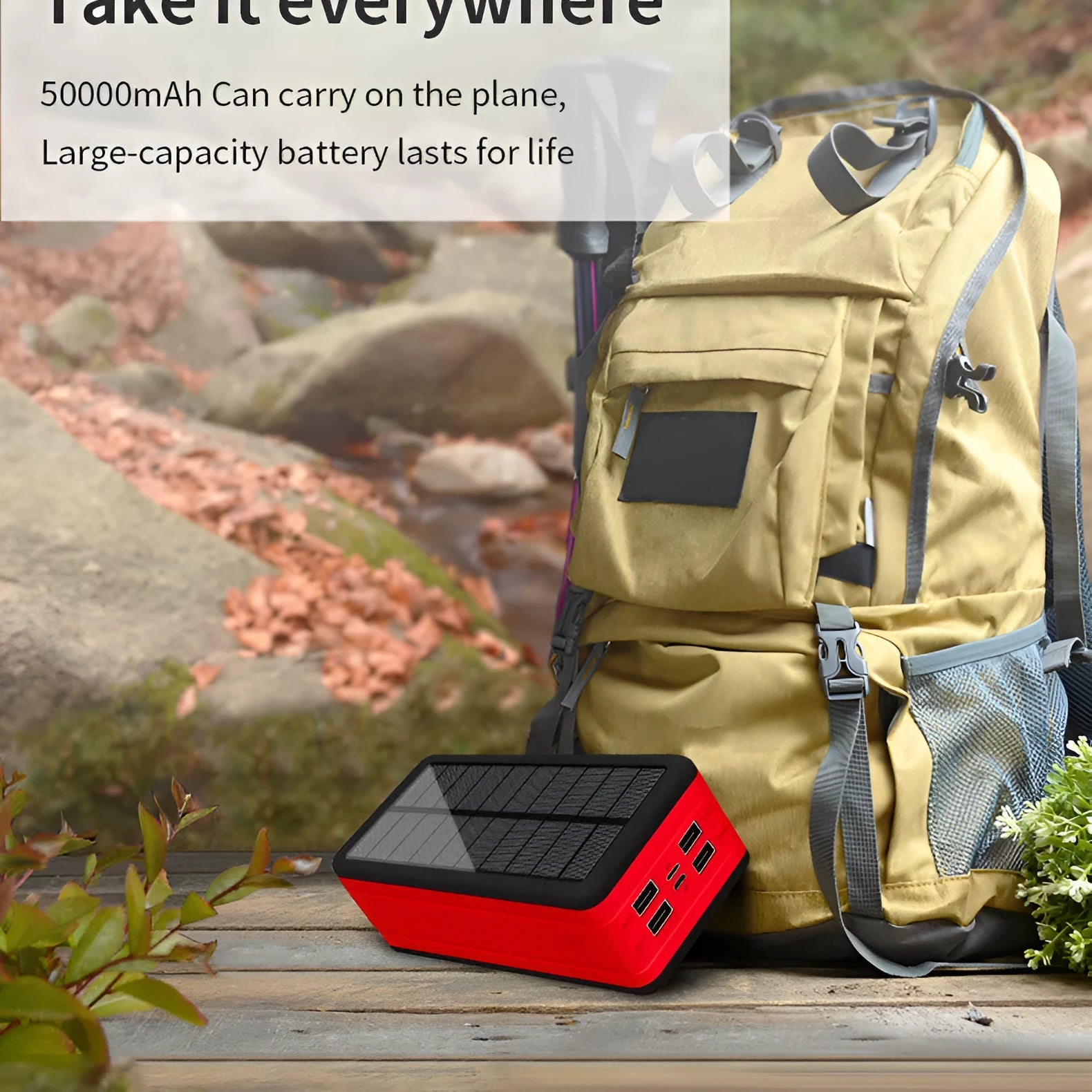 Large capacity solar wireless power bank in black with plastic shell and solar panel on front face