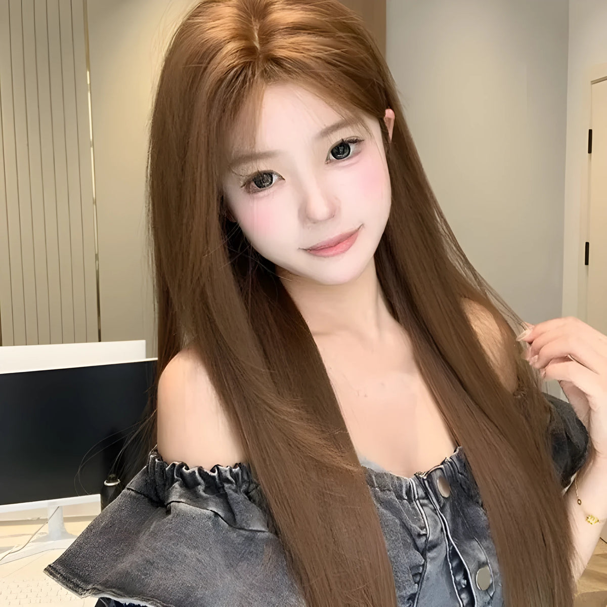 Warm brown synthetic lace front wig with centre part and long straight hair with side bangs