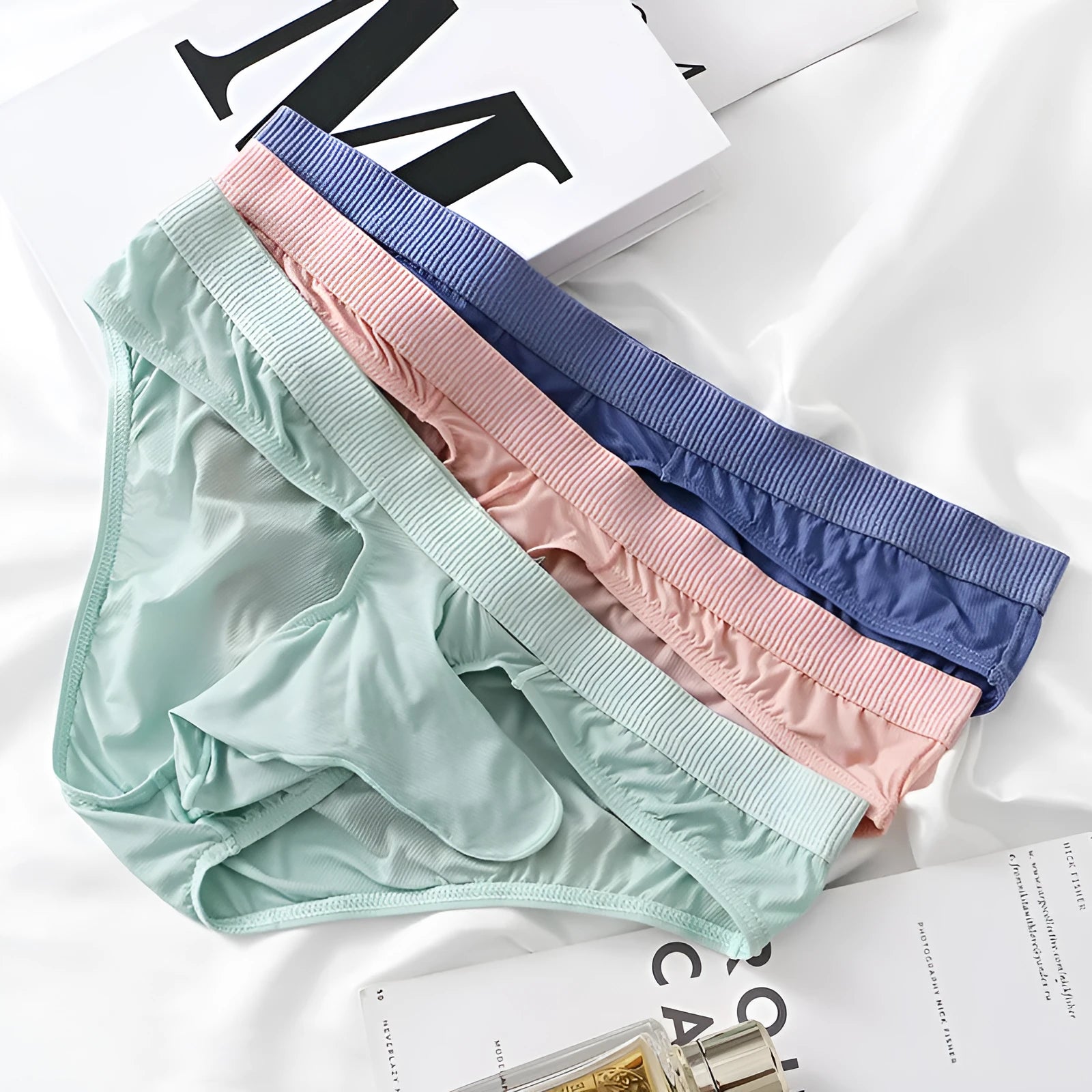 Men's low waist briefs in ice silk fabric available in multiple colours