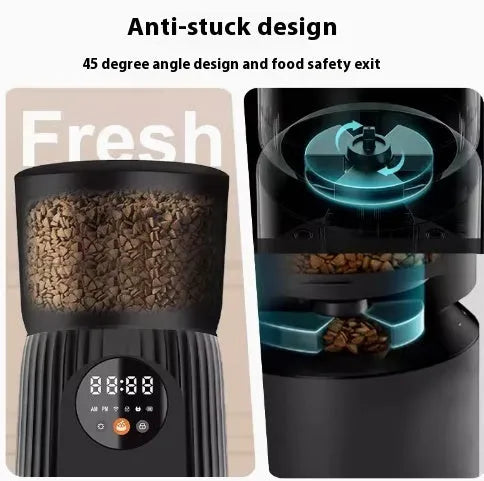 Black and white smart automatic pet feeder with USB cable and mobile app display showing feeding schedule.