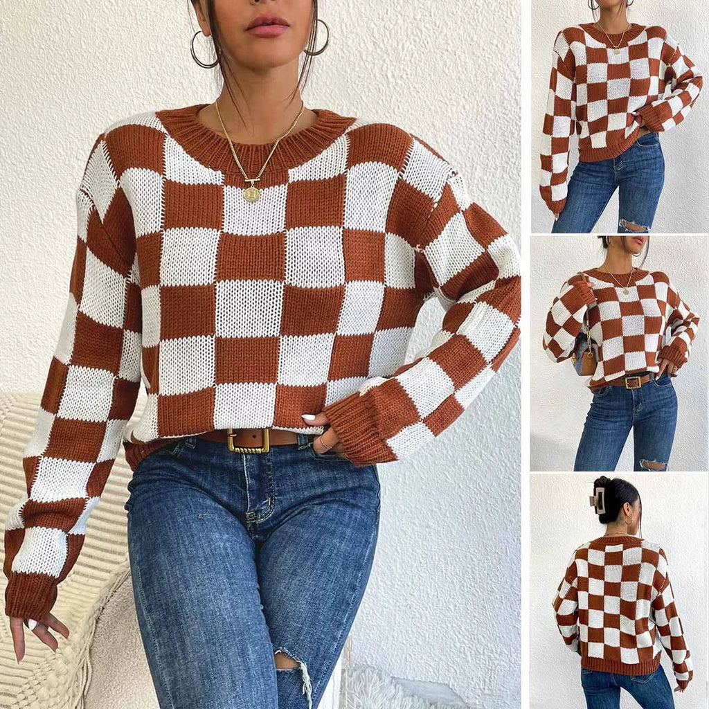 Dark brown plaid acrylic pullover sweater with loose fit and round neck
