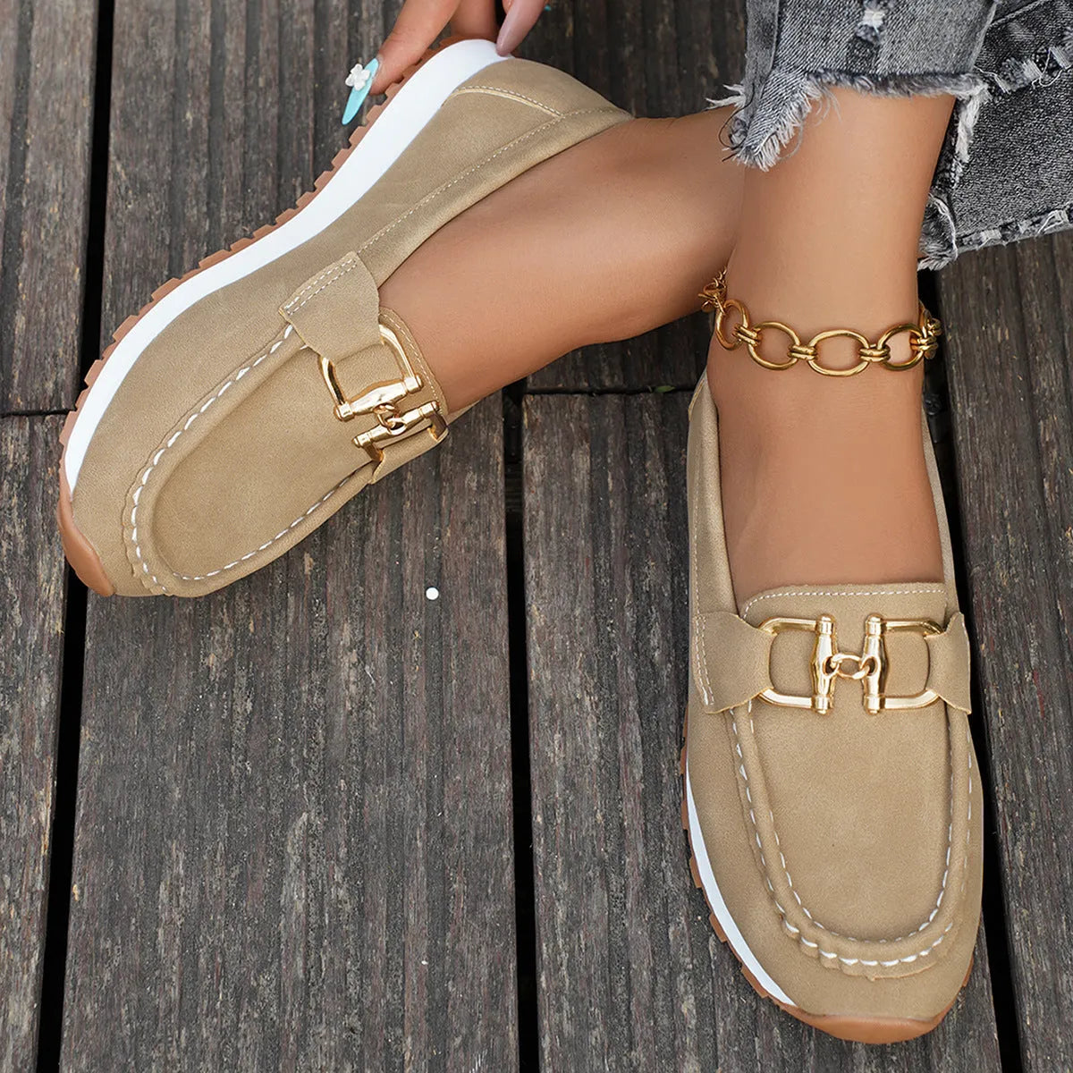 Women's casual sports shoes suede low top pump solid colour khaki flat heel round toe leather stitching