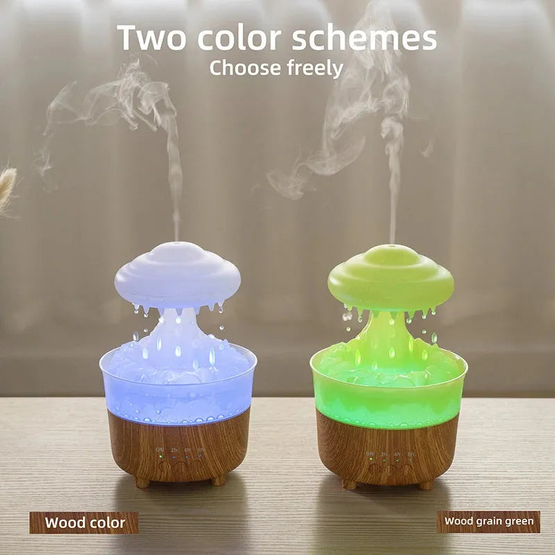 Wood grain white rain cloud shaped humidifier diffuser with LED night light on a table.
