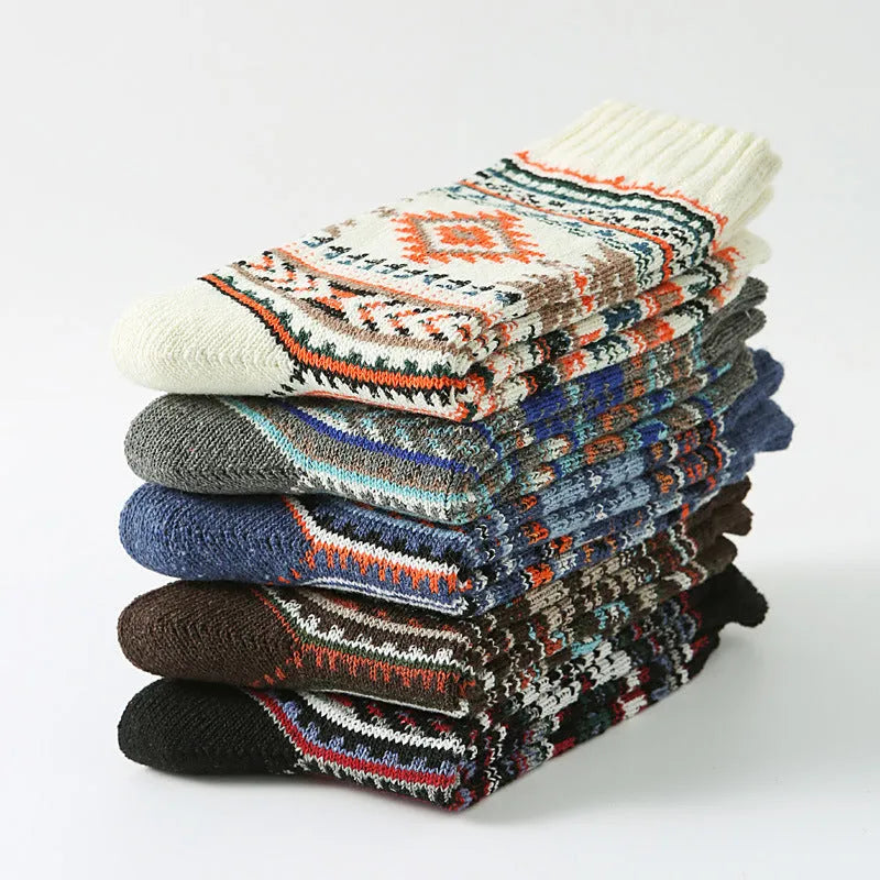 Retro cotton men's anti-friction mid-calf socks in a thick needle large square pattern, 5 pairs pack