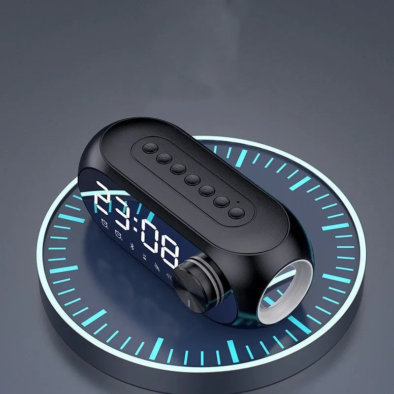 Portable USB clock speaker with digital display showing time, extra bass feature and Bluetooth/FM radio functions